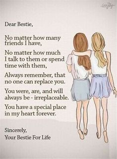 two girls standing next to each other with their arms around each other and the text below them