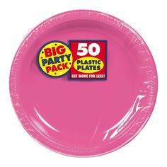 a pink paper plate with the words big party pack 50 on it's side