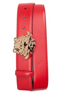 A serpentine goddess head defines this signature Versace buckle on a smooth leather belt. 1 1/2" belt width; 2 3/4" x 2 1/2" buckle Leather Made in Italy Men's Designer Medusa Head, Tech Fashion, Tory Burch Miller Sandal, Gucci Mules, Red Gold, Smooth Leather, Leather Belt, Fashion Statement, Fashion Backpack