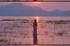 a person standing in the water at sunset