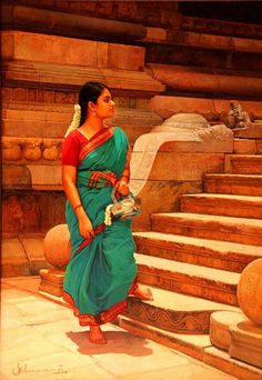 a painting of a woman in a green sari standing next to some stone steps