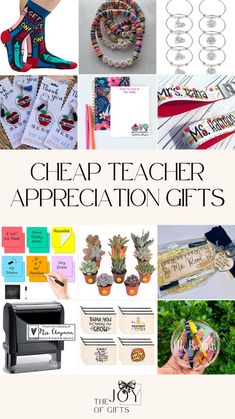 a collage of teacher appreciation gifts with the words cheap teacher appreciation gifts