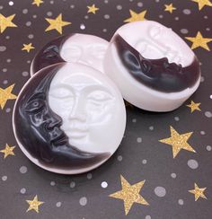 "Beautiful, handmade, lavender scented sun and moon \"faces\" are approx. 2.5\" diameter/1\"high and approx. 2.5 oz/71g.   Black contains activated charcoal, which is known for being a great product to use on oily skin for its ability to absorb toxins and remove dirt and grime." Moon Faces, Moon Face, Lavender Scent, Activated Charcoal, Beauty Soap, Sun And Moon, Oily Skin, Lavender, Soap