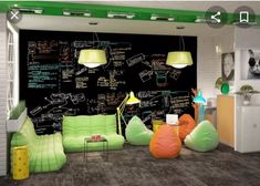 a living room filled with lots of furniture and walls covered in chalkboard writing on the wall