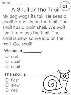 a snail on the trail worksheet for kids to practice reading and writing skills