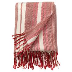 a red and white striped blanket with fringes