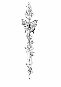 a black and white drawing of a flower with a butterfly on it's side