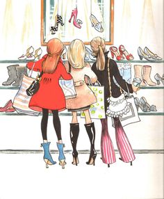 three girls looking at shoes in a shoe store, one is holding a purse and the other is wearing high heels