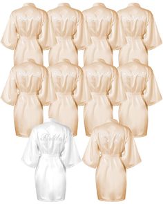 six bridesmaids'robes and one maid's robe are arranged in rows