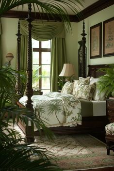 a bedroom with a canopy bed and palm trees in the corner, along with two lamps on either side of the bed