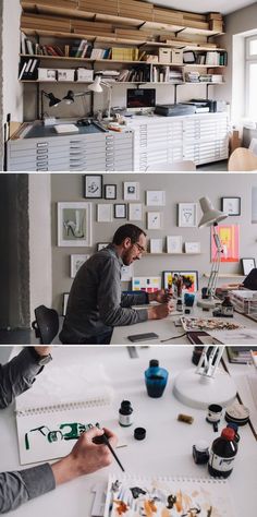 two photos one showing a man sitting at a desk and the other shows his work space