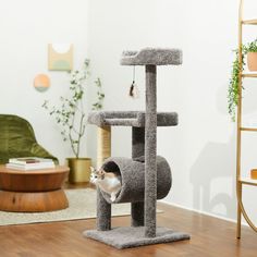 a cat sitting on top of a scratching tower