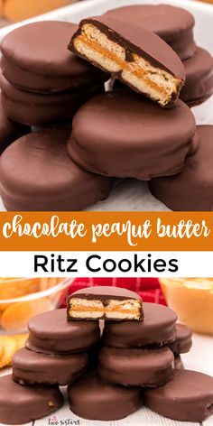 chocolate peanut butter ritz cookies stacked on top of each other