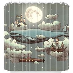 a shower curtain with an image of a whale and ship in the sky