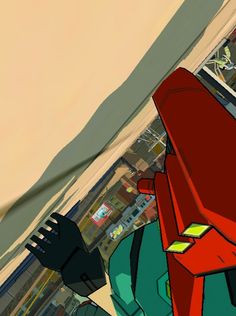 an animated image of a red and green robot standing in front of a cityscape