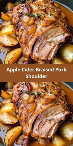 two pictures of pork and potatoes in a pot with the words apple cider braised pork