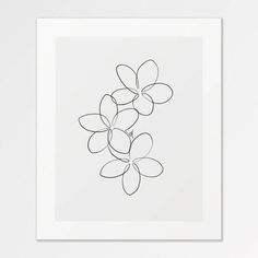 a black and white drawing of three flowers on a white background in a square frame