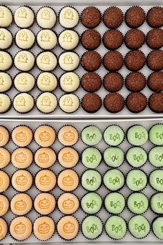 two trays filled with different colored cupcakes next to each other