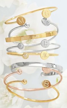 Monogram stackable braceltes Chloe Jewelry, 14kt Gold Jewelry, The Bling Ring, Bridemaids Gifts, Mark And Graham, Bridesmaid Bracelet, Bridesmaids Personalized, Polish Jewelry, Personalized Jewelry