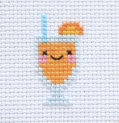 a cross stitch pattern with an orange drink on it's face and smiling eyes