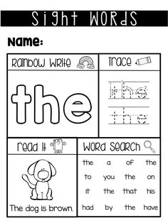 the sight words worksheet for children to practice their handwriting and writing skills, with pictures