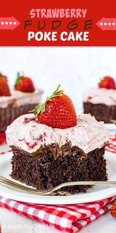 a piece of strawberry fudge poke cake on a plate