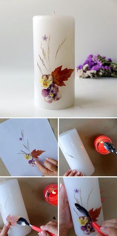 the process of painting a candle with flowers and leaves is shown in four different pictures