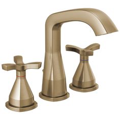 two handle bathroom faucet with cross handles in brushed brass finish, shown from the front