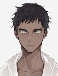 an anime character with blue eyes wearing a white shirt and black hair, looking at the camera