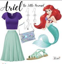 ariel the little mermaid is wearing a purple shirt and green skirt with matching shoes, necklaces