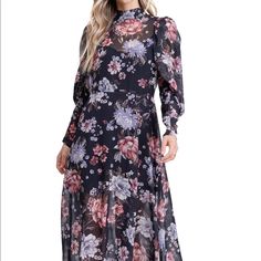 Vintage Romance Abounds In This Sheer Chiffon Floral-Print Dress That's Designed For A Nostalgic Look With A High Neckline And Voluminous Sleeves. Style Name: En Saison Long Sleeve Floral Chiffon Midi Dress Nwt Flowy Black Maxi Dress In Feminine Style, Black Flowy Feminine Maxi Dress, Feminine Black Maxi Dress With Floral Print, Feminine Black Floral Print Midi Dress, Black Floral Print Midi Dress For Daywear, Black Floral Print Maxi Dress For Daywear, Leather Midi Dress, Voluminous Sleeves, Sequin Midi Dress