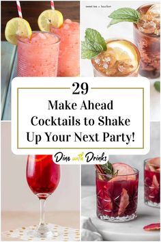 Collage of 4 make ahead cocktails. Euchre Party Ideas, Make Ahead Cocktails, Euchre Party, Premade Cocktails, Cocktail Makeup, Girls Night Cocktails, Diy Cocktail Bar, Making Drinks