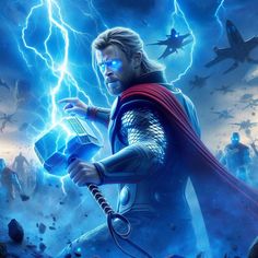 the avengers movie poster is shown with thor and his hammer in front of lightnings