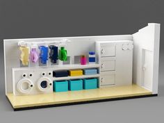 a model of a room with various items on the shelf and in the background is a sink