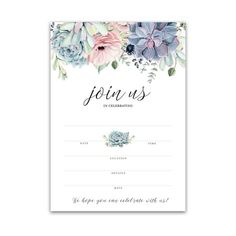 a floral wedding response card with the words, join us in blue and pink flowers