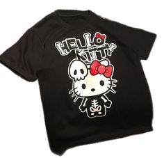 Black Emo T-shirt For Halloween, Kawaii Black Crew Neck T-shirt, Black Kawaii T-shirt With Character Print, Kawaii Black T-shirt With Letter Print, Black Cat Print T-shirt For Streetwear, Black Hello Kitty Print Short Sleeve Top, Black Kawaii T-shirt With Hello Kitty Print, Kawaii Black Top With Character Print, Cute Black Crew Neck T-shirt