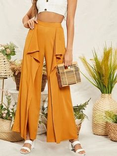 Split Ruffle Trim Wide Leg Pants Vacation Style Tropical, Yellow Pants, Women Pants, Bohemian Clothes, Airport Outfit