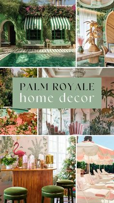 the palm royale home decor is featured in this collage with green and pink accents