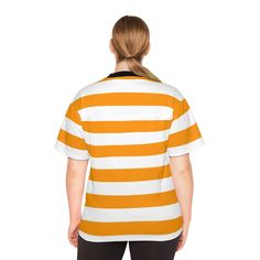 Are you looking for a casual and trendy shirt for a night out? Look no further! This unisex, orange and white striped, tshirt from size XS till 4XL is the perfect attire for any occasion. Made of 100% polyester and made of the highest quality material, this breathable, wicking shirt will keep you feeling cool all day. See more striped clothing View the full Plus Size collection + PRODUCT DESCRIPTION + Top material: 100% polyester (6.78 oz/yd² (230 g/m²)) Bottom material: 100% polyester mesh (4.8 Sporty Striped V-neck Top, White Relaxed Fit T-shirt With Contrast Stripes, White V-neck Top With Contrast Stripes, White V-neck Tops With Contrast Stripes, White Vertical Stripes T-shirt For Summer, White Vertical Striped T-shirt For Summer, White Crew Neck T-shirt With Striped Collar, White Vertical Stripes Summer T-shirt, White Vertical Stripes Top For Streetwear