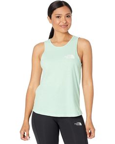 The North Face - Simple Logo Tank Top, Color: Misty Jade Casual Sleeveless Activewear For Outdoor, Casual Sleeveless Outdoor Activewear, Green Athleisure Top For Outdoor, Sporty Tops For Summer Outdoor Activities, Summer Athleisure Tops For Outdoor Activities, Athletic Fit Crew Neck Top For Outdoor Activities, Sporty Summer Tops For Outdoor Activities, Stretch Tops For Summer Outdoor Activities, Stretch Solid Top For Outdoor Activities