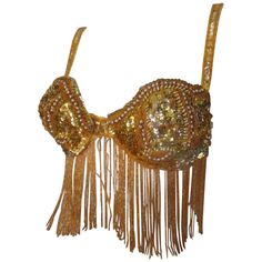 This bra is made from gold color sequins and fringe, Its in good condition with minimum wear of use. Size 80 cm/ 31.49 inch Please note that vintage items are not new and therefore might have minor imperfections. Summer Camp Outfits, Rhinestone Lingerie, Rhinestone Designs Pattern, Sequin Bra, Goddess Costume, Dancers Outfit, Fringe Fashion, Gold Outfit, Fancy Tops