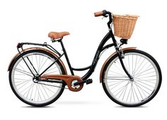 a bicycle with a basket on the front and back wheel, parked in front of a white background