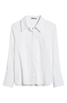 A covered placket and flared sleeve cuffs add a tailored touch to a staple shirt. 25 1/2" length Hidden-button placket Spread collar Long sleeves with flared, one-button cuffs 51% rayon, 45% polyester, 4% spandex Hand wash, dry flat Imported Timeless Shirt With Button Cuffs, Classic Long Sleeve Blouse With Roll-up Sleeves, Solid Shirt With Button Cuffs For Office, Solid Color Shirt With Button Cuffs For Office Wear, Elegant Button-up Tops With Button Cuffs, Elegant Shirt With Roll-up Sleeves And Spread Collar, Classic White Blouse With Roll-up Sleeves, Classic Office Shirt With Roll-up Sleeves, Office Button-up Tops With Button Cuffs