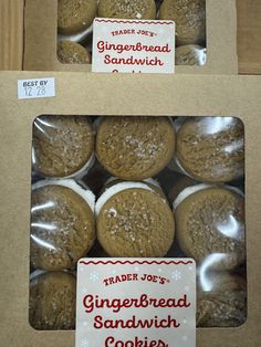 two boxes of gingerbread sandwich cookies with white frosting