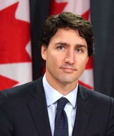 a man wearing a suit and tie in front of canadian flags