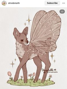 a drawing of a little fox with wings on it's back, standing in the grass