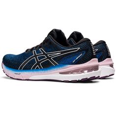 the asics running shoe in blue and black with pink accents on the upper part