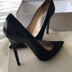 Jimmy Choo Black Suede/Shiny Leather High Heels. Size 38.5. Worn A Few Times. A Little Bit Of The Shiny Part In The Heel Chipped Off (See Pictures) Leather High Heels, Jimmy Choo Shoes, Black Suede, Jimmy Choo, Shoes Women Heels, Stiletto Heels, Shoes Heels, High Heels, Women Shoes