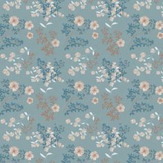 a blue and pink flowered wallpaper with small white flowers on the bottom half of it