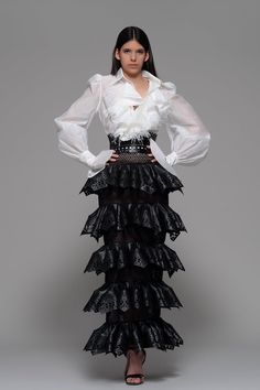 Marchesa Couture, White Ruffle Shirt, Dip Hem Blouse, Isabel Sanchis, Ruffled Shirt, Dress Name, Column Skirt, Ankle Length Skirt, Midi Dress Style